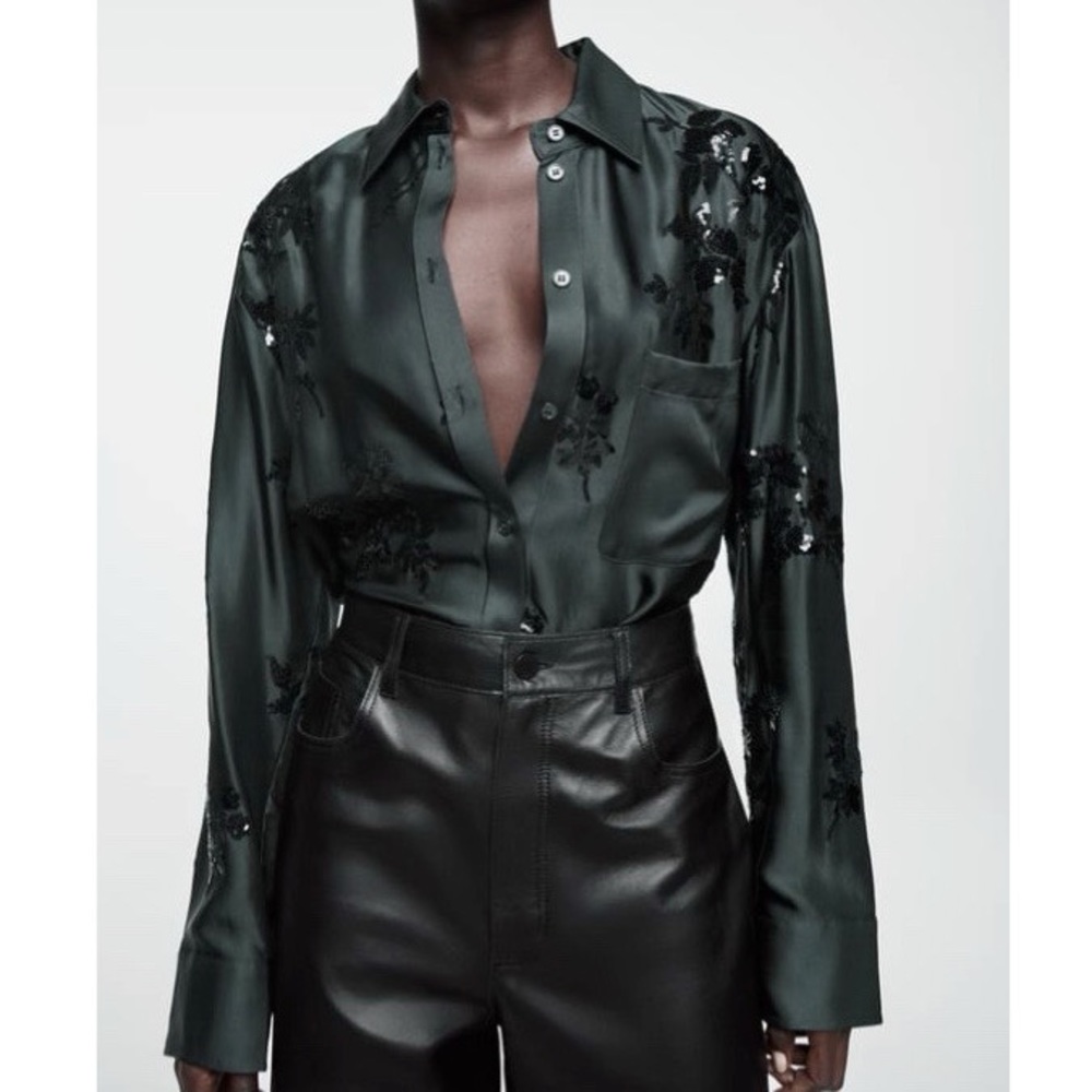 NEW ZARA SEQUIN EMBROIDERED SHIRT - XS